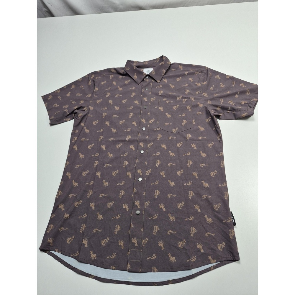 Flylow Shirt Mens M Purple Car Print Short Sleeve Snap Button Casual Stretch AOP